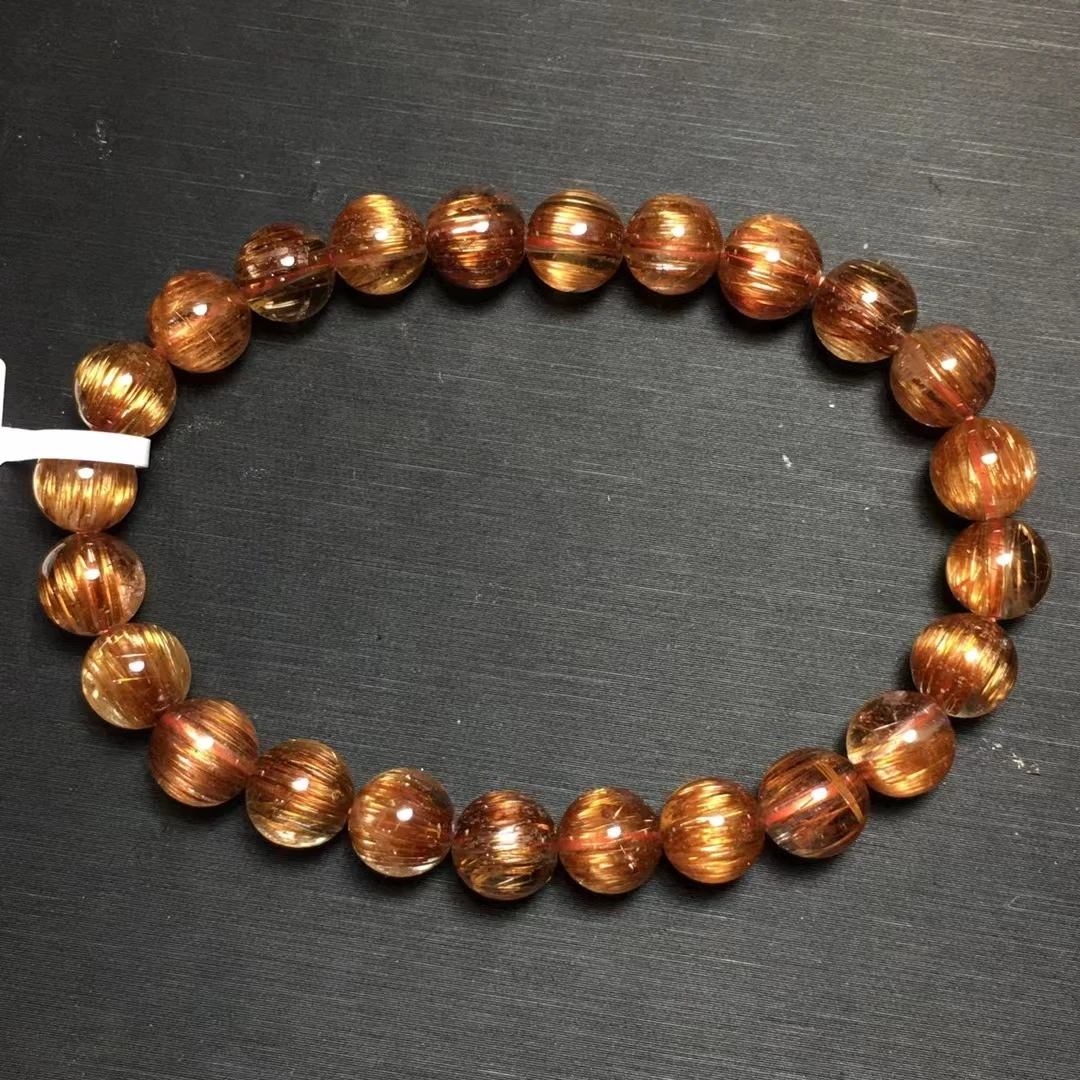 

Natural Copper Rutilated Quartz Clear Round Beads Bracelet 7.7mm Top Cat Eye Brazil Crystal Women Man Bracelet Genuine AAAAA