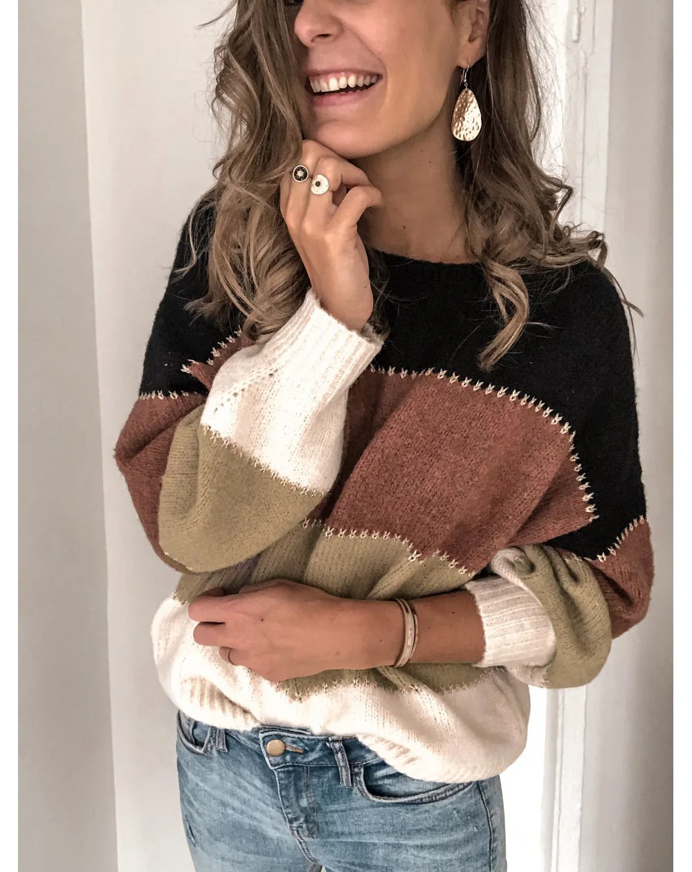 khaki sweater Luzuzi женский осень зима вязаный свитер пэчворк длинный рукав o-образный вырез пуловер рубашка Повседневная хит цвет теплый свитер 5XL - Color: khaki sweater