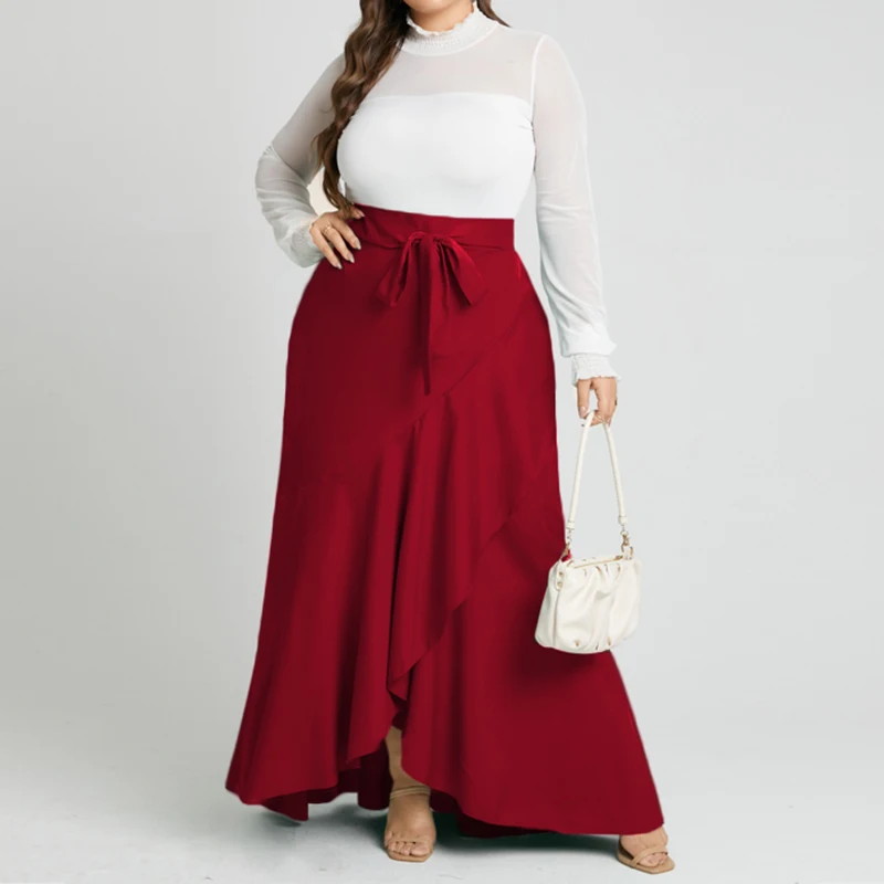 

Fashion Women Belted Long Skirt Maxi Skirts Celmia 2022 Plus Size Autumn Casual High Waist Party Asymmetrical Ruffles Skirts