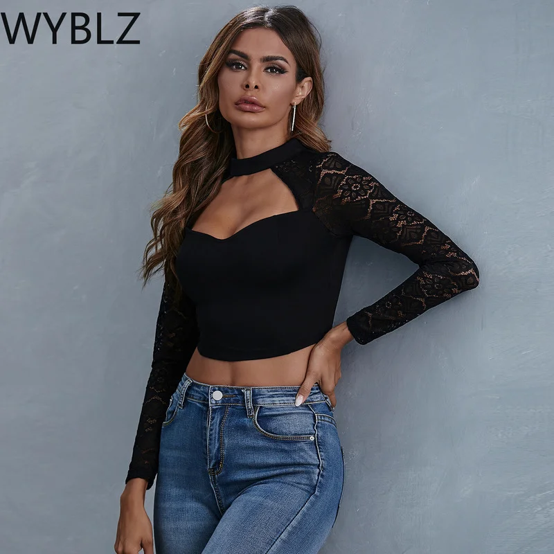 

WYBLZ Fashion Women Casual T-shirt Long Sleeve Lace Patchwork Crop Top Hollow Out Sexy Halter Low Cut Short T-shirt Office Ladie
