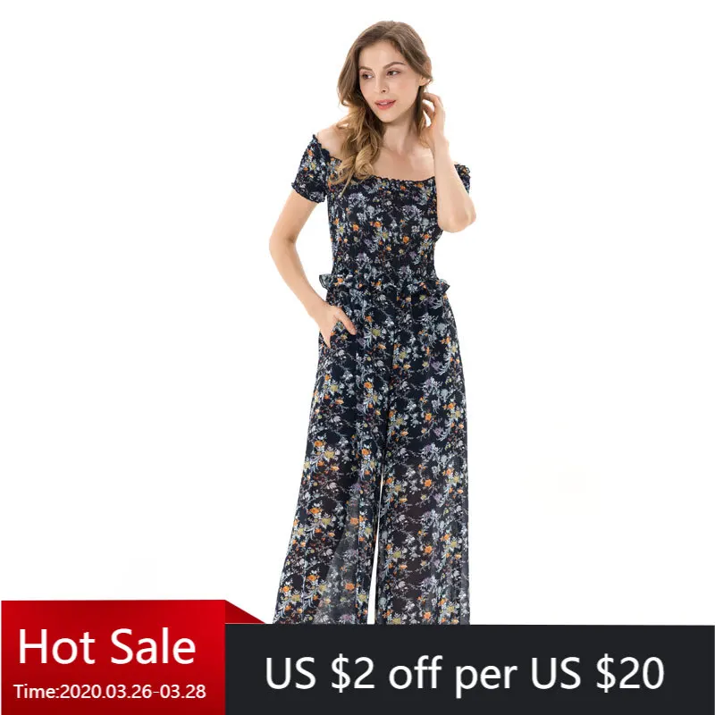 Женский шифоновый комбинезон с открытыми плечами и цветочным принтом|Женские