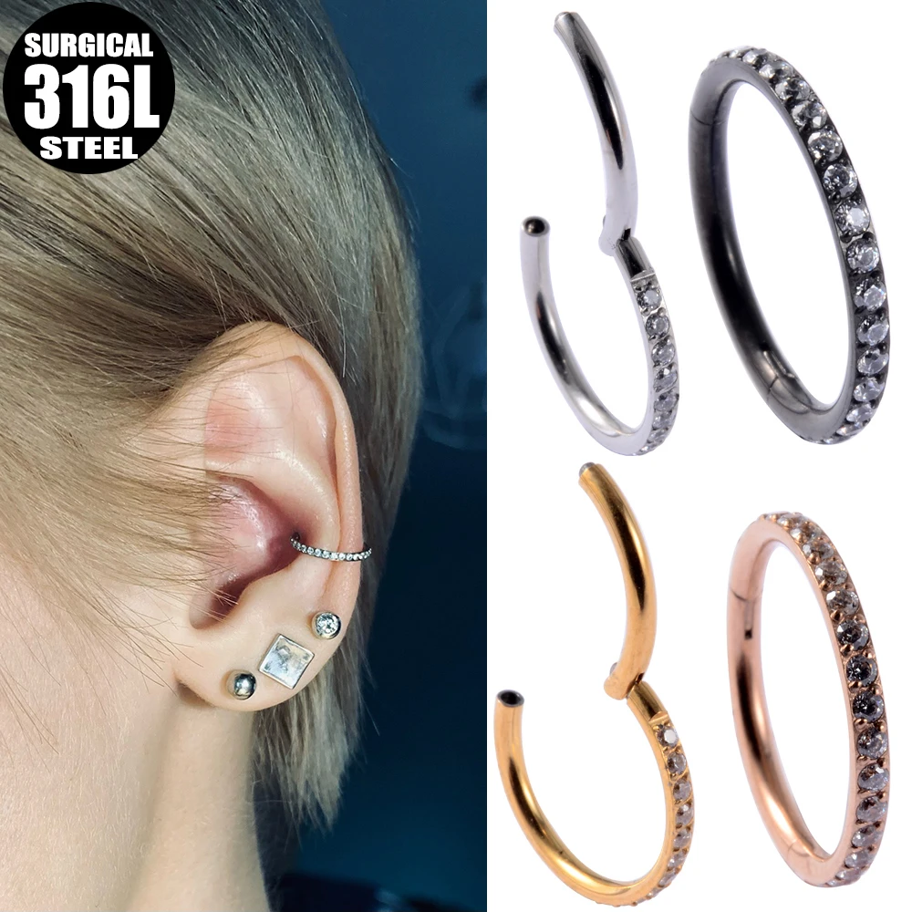 

316L Surgical Steel Hinged Segment Hoop CZ Stone Nose Ring Clicker Ear Cartilage Tragus Helix Lip Earring Piercing Body Jewelry