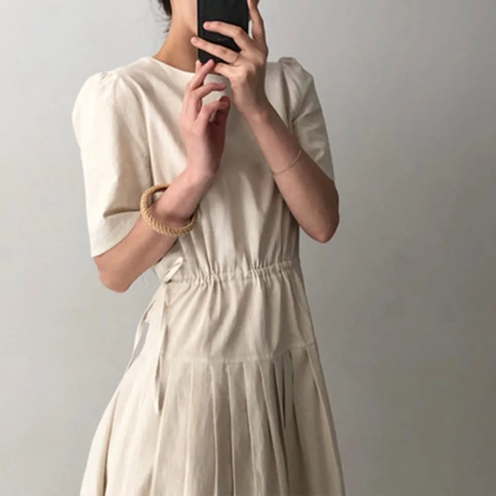 

Summer Korean Fashion Pleated Drawstring Pure Color Round Neck Ladies Dress Simple Loose Casual High Waist Summer