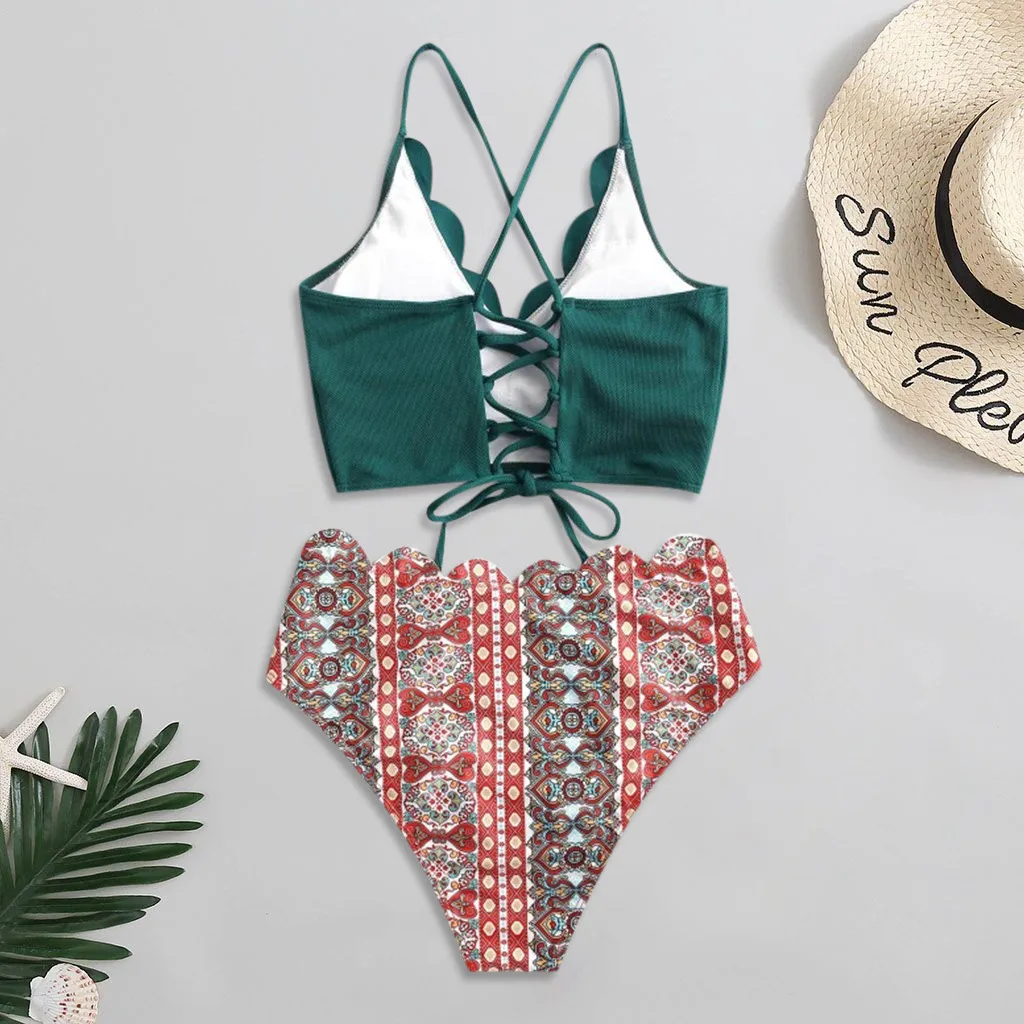 Комплект бикини с лифом бандо и зубчатым топом высокой талией в винтажном стиле