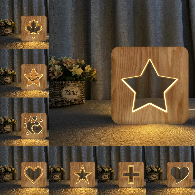 

Hearts Stars Leafs 3D LED Wooden Night Light Hollow Table Lamp USB Power Desk Lights For Baby Kids Birthday New Year Gift