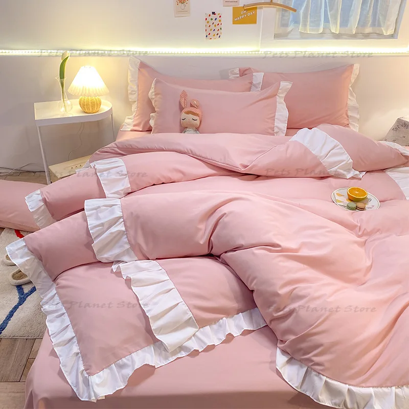

Pure color pink girl heart princess wind bed four-piece suit student four seasons cotton thick lotus leaf lace small fresh