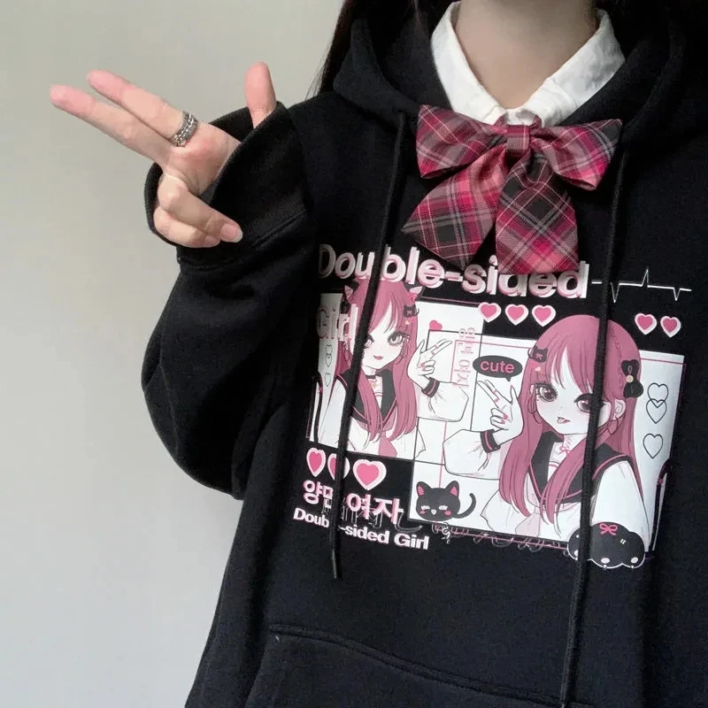 

Winter sweater female college style dark girl print loose hooded jacket y2k streetwear Harajuku clothes sweatshirt accessory hat