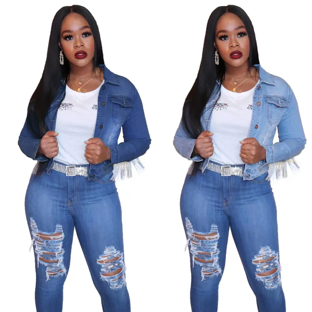 Женские короткие джинсовые куртки с кисточками пальто длинными рукавами и