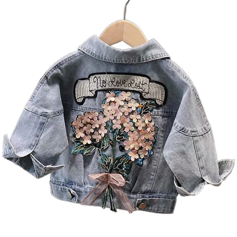 

Детская джинсовая куртка, демисезонная куртка с цветочной вышивкой для девочек