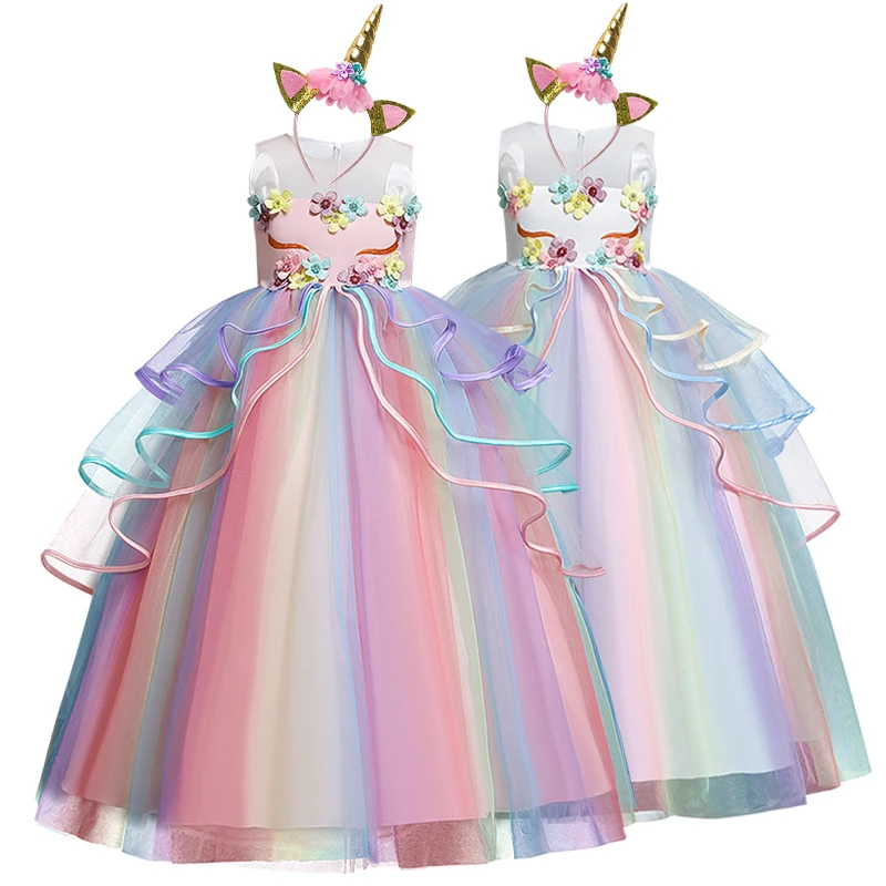 

6-14y Appliques Flower Unicorn Girls Dress Rainbow Tulle Long Prom Gown Gorgeous Kids Clothes Halloween Carnival Girls Dress up