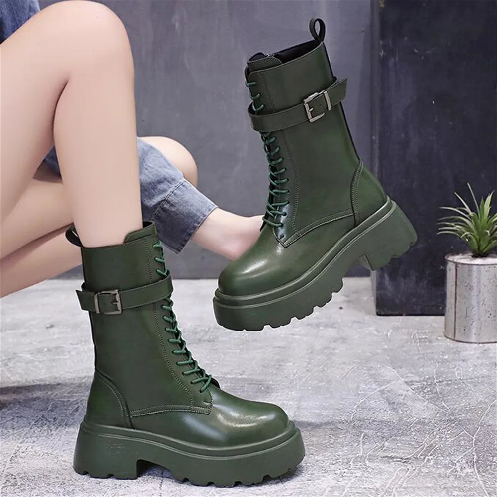 

Autumn Chelsea Boots Women 2022 Fashion Buckle 6 CM Thick-Soled Winter Lace Up Shoes Platform Punk Square Heels Leather Booties