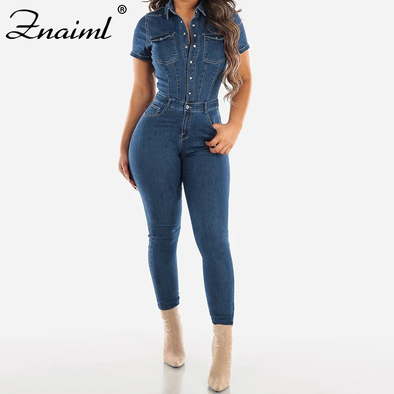 Комбинезон женский джинсовый с коротким рукавом пикантный однобортный