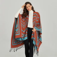 2021 new women winter ponchos coat warm shawl lady geometric stripe cashmere scarves luxury oversized tassels scarf cape blanket