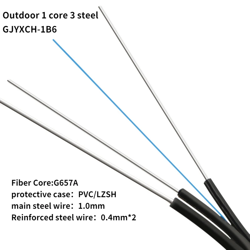 80Meters Optical Fiber Outdoor Drop Cable GJYXCH-1B6 G657A 1 Core 3 Steel Patch Cord SC UPC Single Mode Jumper 5.0mm