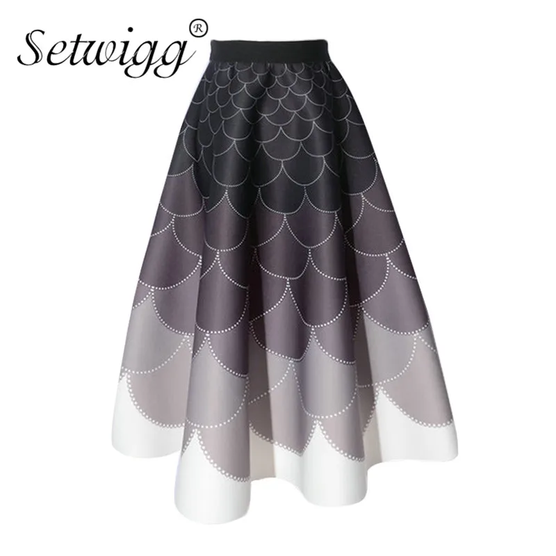 

SETWIGG Retro Puffy Thick Calf Skater Long Skirts Waist Zipper Gradient Multi-colored Fish Scales Print A-line Long Skirt