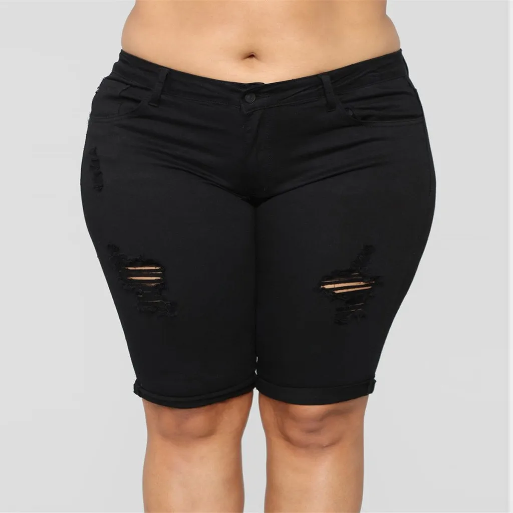 Women Elastic Destroyed Hole Leggings Short Pants Denim Shorts Ripped Jeans Plus Loose Medium Cut Pant W317 | Женская одежда