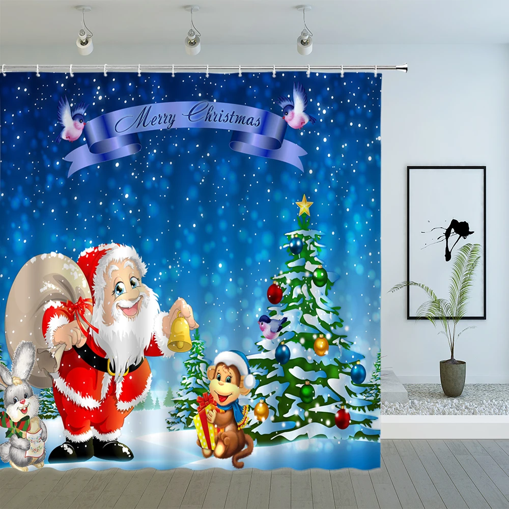 

Merry Christmas Shower Curtains Cartoons Santa Claus Xmas Tree New Year Themed Kids Bathroom Decor Cloth Hanging Curtain Sets