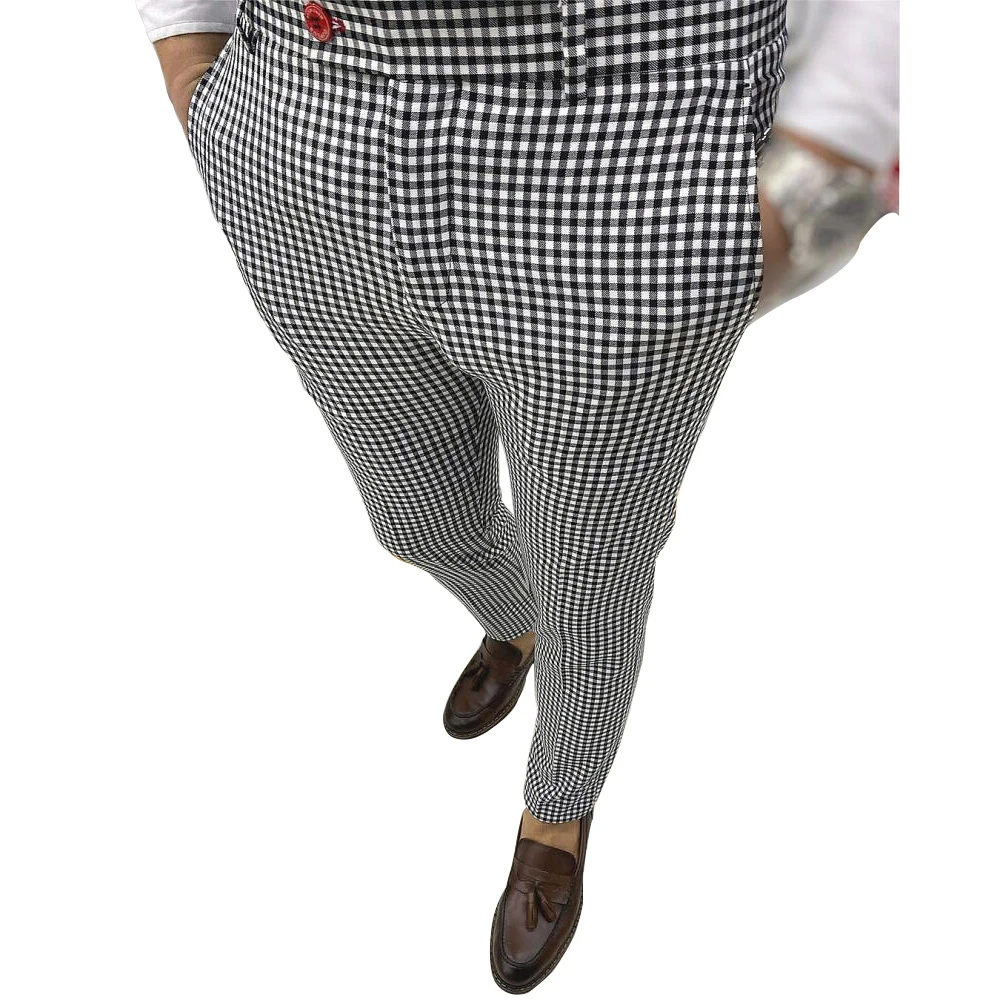 

Slim Fit Plaid Pants Men Fashion Straight Leg Trousers Casual Pencil Business Bottoms