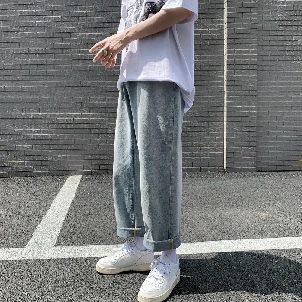 Wholesale Jeans Men Straight Loose Popular Korean Teenagers Student Ankle Length Pants Men Solid Denim Trousers