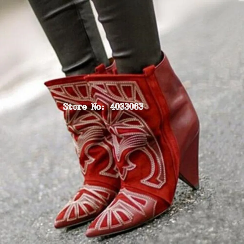 Botas Mujer/женские ботильоны; коллекция года; лоскутный с вышивкой; ковбойские ботинки; женская обувь на шпильках; женские короткие туфли без застежки с острым носком