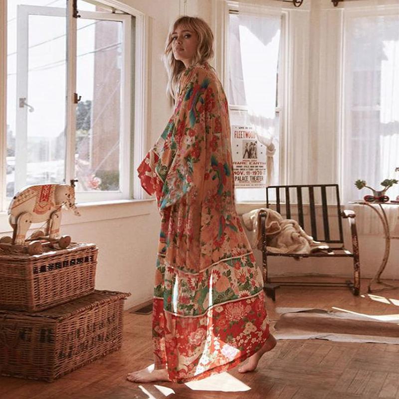 Женское шифоновое платье-кардиган Boho повседневное красное пляжное с цветочным