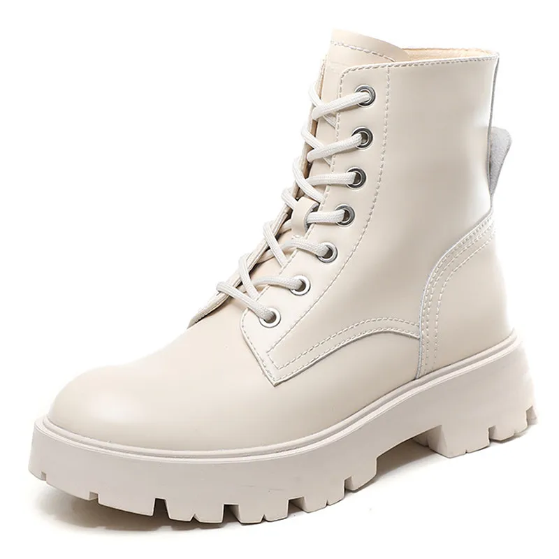 

Women Genuine Leather Motorcycle Boots Round Toe Lace Up Fur Shoes Thick Med Heel Ladies Ankle Boots 2021 New Autumn Winter 40