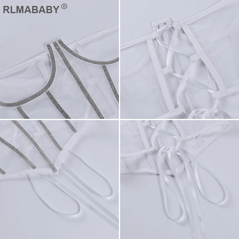 

Fashion Women Diamond Transparent Underboob Corset 2021 Summer Elegant Slim Back Bandage High Street Sexy Wild Belt Corset Top