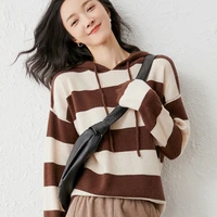 2021 woman winter 100 cashmere sweaters knitted pullovers jumper warm female hooded blouse blue long sleeve striped