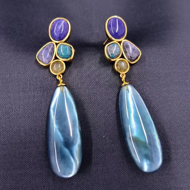 

Геометрический камень синий бирюзовый перламутр длинное из натурального камня Серьги-Подвески Позолоченные ювелирные изделия для женщин ...