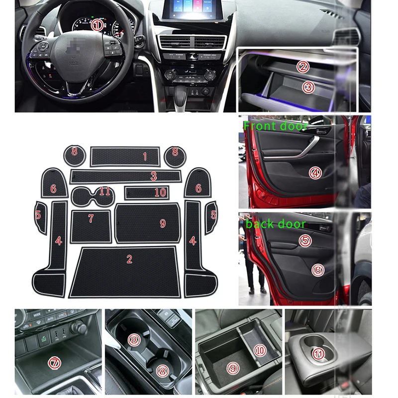 

For Mitsubishi Eclipse Cross 2018-2020 Interior Door Slot Rubber Mat Water Cup Pad Anti-Slip Mats 12pcs Car Styling Red White