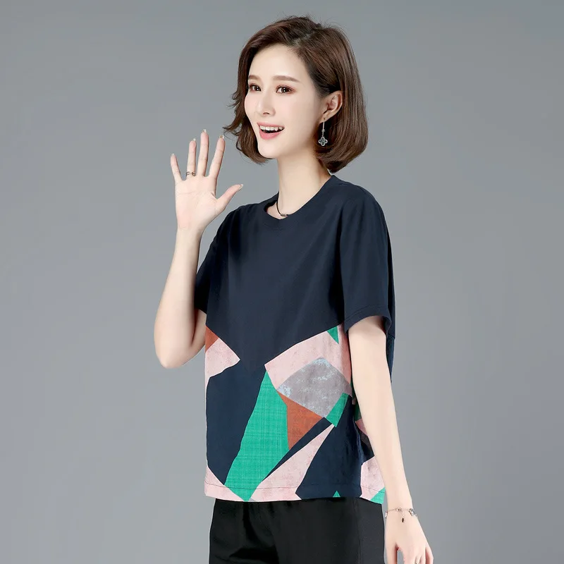 

Fashion Printed T-Shirt Women 2020 Summer New Loose Large Size Contrast Stitching Middle-Aged Mothers Short-Sleeved Top