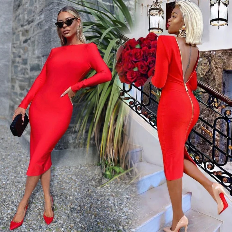 

Summer New Women's Fashion Round Neck Sexy Two Ways To Wear Zipper Design Long Sleeve Dress Tight Cocktail Party Club Dress 2021