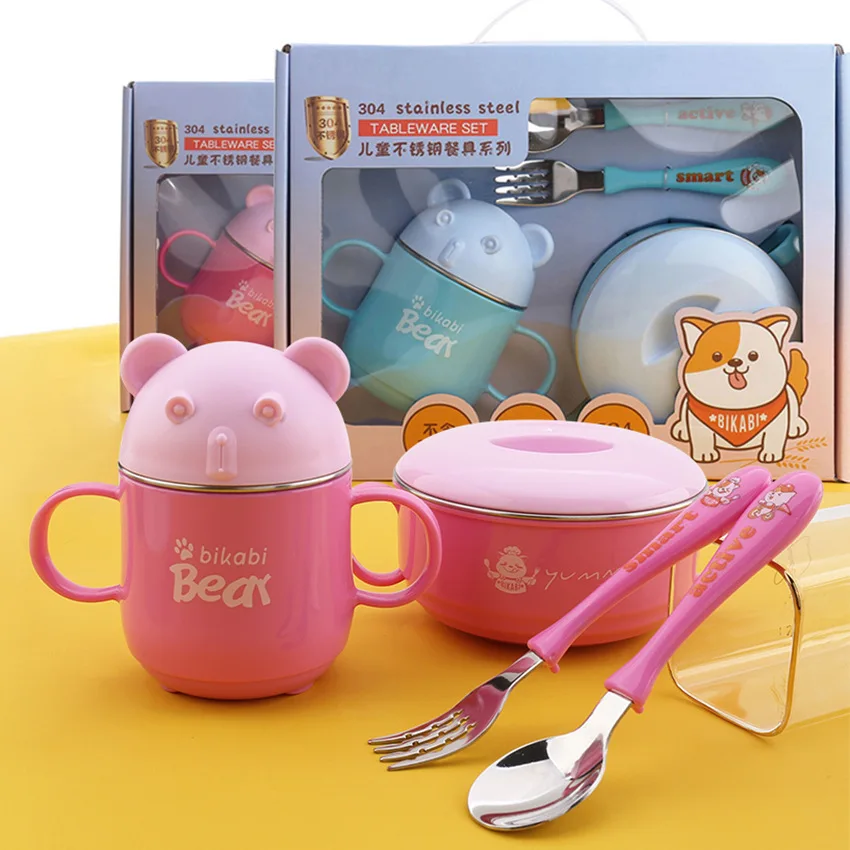 

iron bowl cartoon spoon fork maternal and infant children's gift assiette plate talheres pratos solid feeding baby bord bavoir