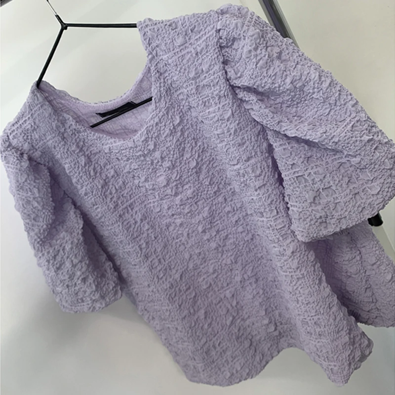

Summer Casual Loose Solid Folds Fashion Blouses 2021 Korean Women Sexy Puff Sleeve O-neck Chic Top Shirts