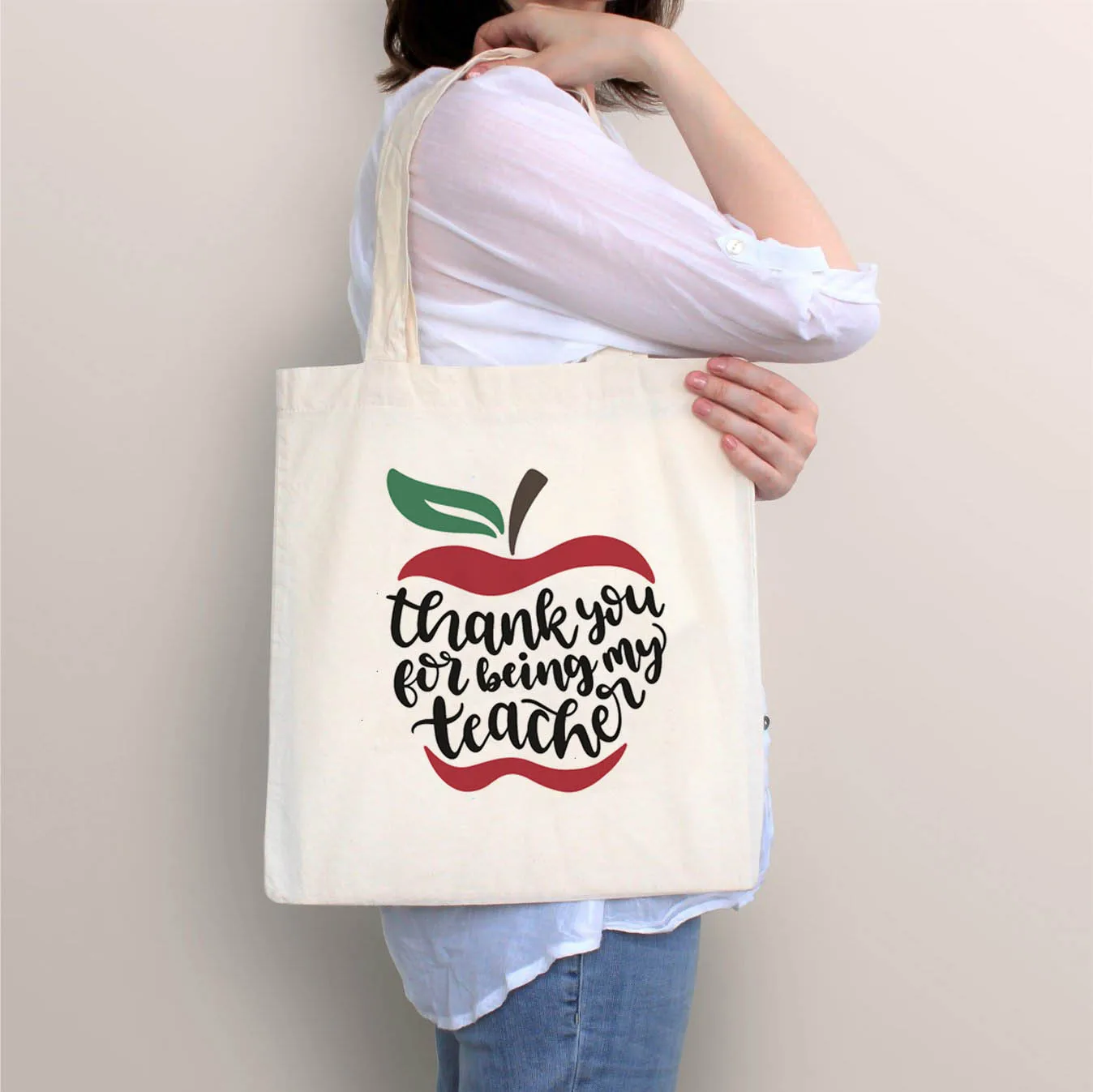 

Women Peace Love Teach Apple Print Cotton Canvas Shopper Bag Girl Harajuku 90s Y2K Classic Vintage Shoulder Handbag Female Bolsa