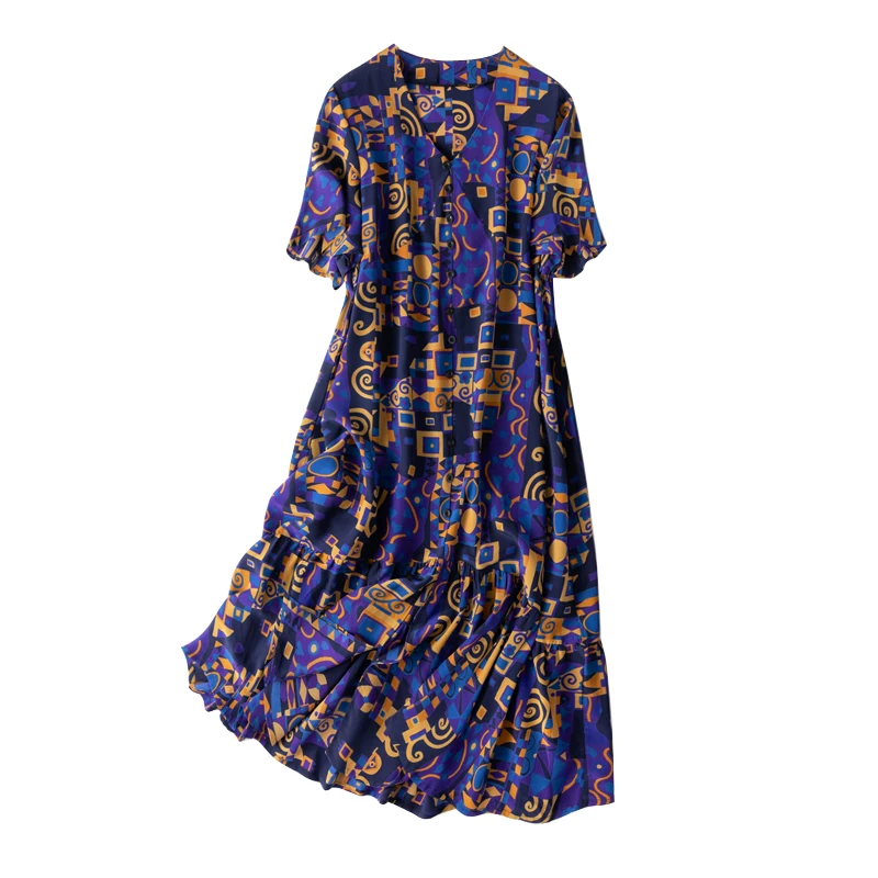 

SHUCHAN Indie Folk Women Dresses Summer 100% Natural Silk Butterfly Sleeve Mid-Calf V-Neck Geometric Print