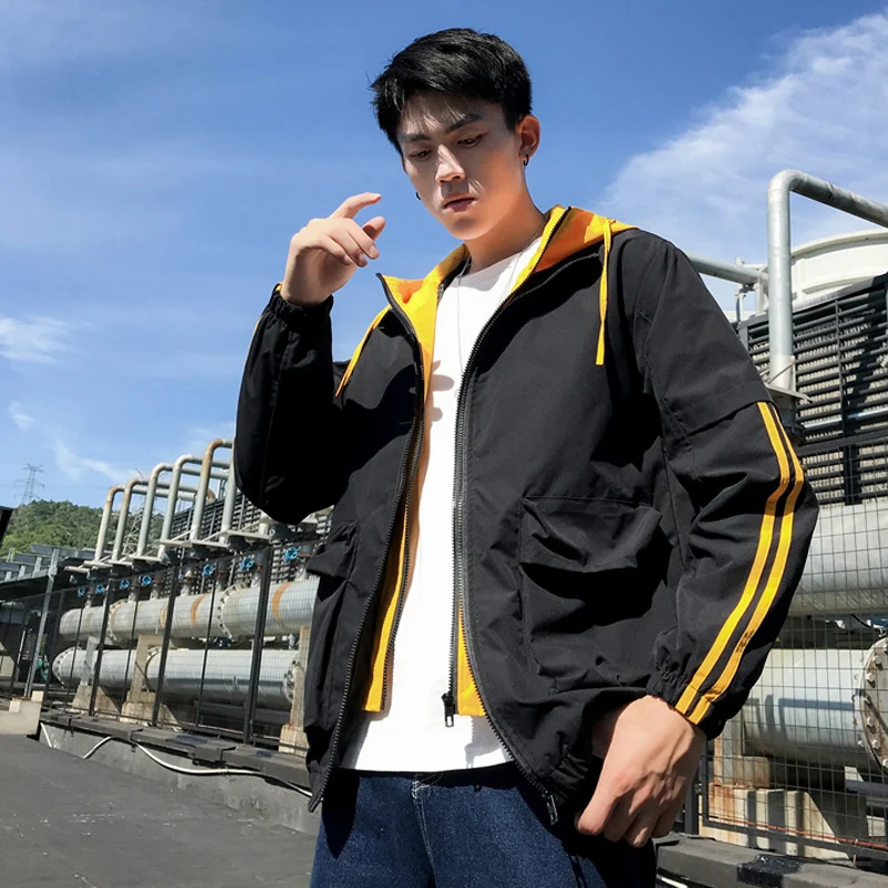 Мужская куртка 2019 Повседневная полосатая с имитацией двух частей капюшоном на