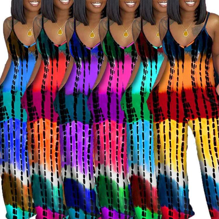 

Zoctuo Casual Jumpsuits For Women Tie-Dye Printing Loose Girls Jumpsuit Deep V-Neck Summer Club Jumpsuits For Women Sexy