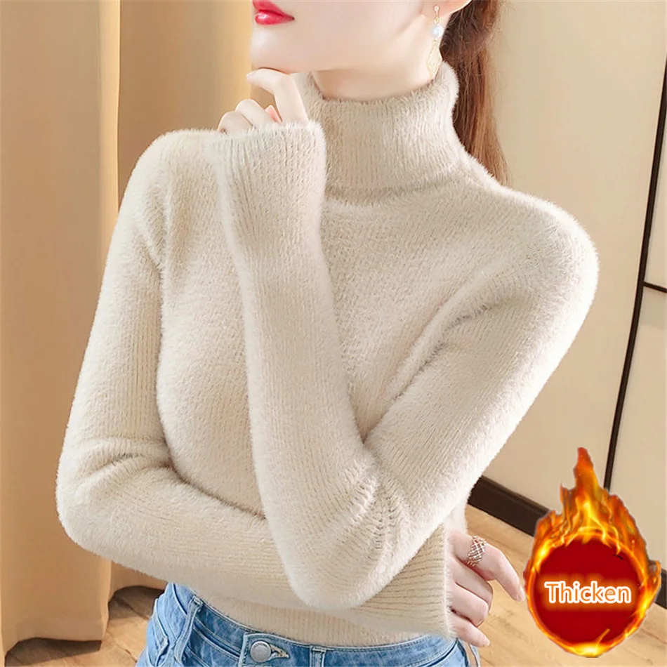 

Women Turtleneck Sweaters Winter Slim Pullover All-Match Imitation Mink Velvet Soft Knit Sweater Thicken Warm Jumper TT0798