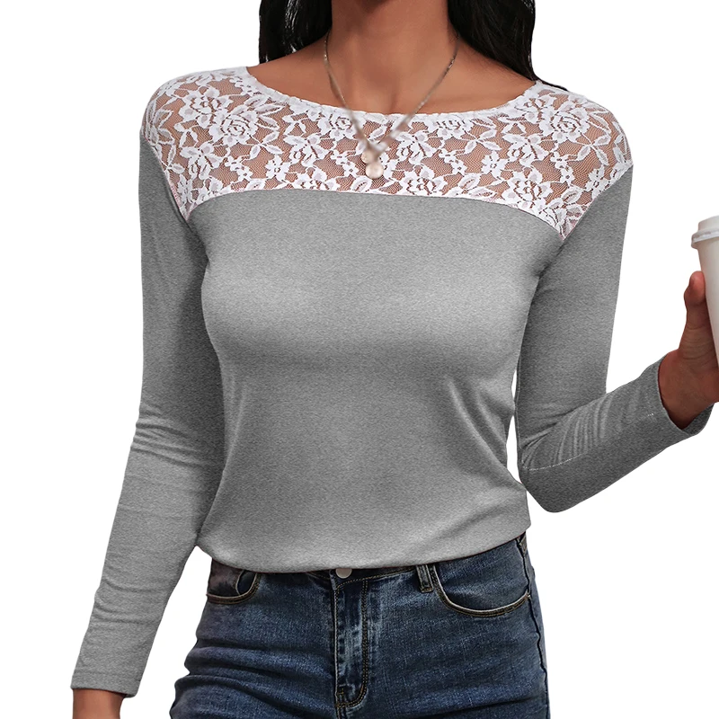 

Women Spring Solid Color Sexy Hollow Top Shirt Female Lace Stitching Round Neck Long Sleeve Fashion Pullover