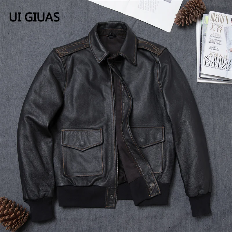 Мужская летная куртка из воловьей кожи с отложным воротником|Мужские кожаные