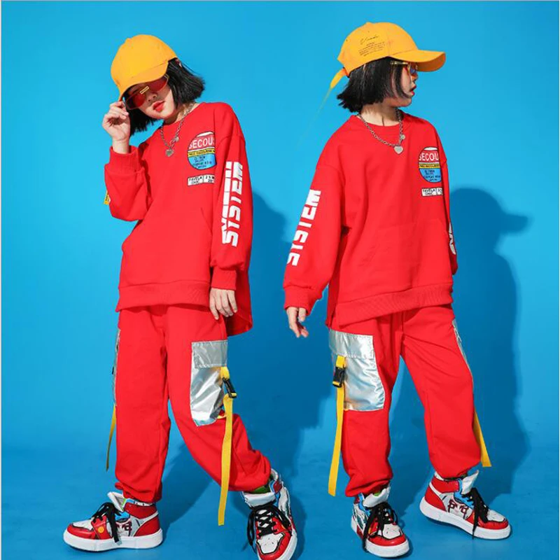 

Kids Festival Hip Hop Clothing Red Loose Sweatshirt Running Pants Girls Boys Jazz Dance Costumes Ballroom Dancing Clothes Wear
