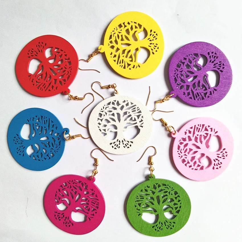 

FUYIER 3D полые резьба по дереву Древо жизни серьги в виде капель серьги ручной работы личности лазерная резка эко деревянные украшения