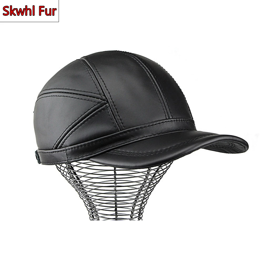 

Men Real Cowhide Leather Earlap Caps Male Fall Winter 100% Real Cow Leather Hats New Casual Real Leather Outdoor Baseball Cap
