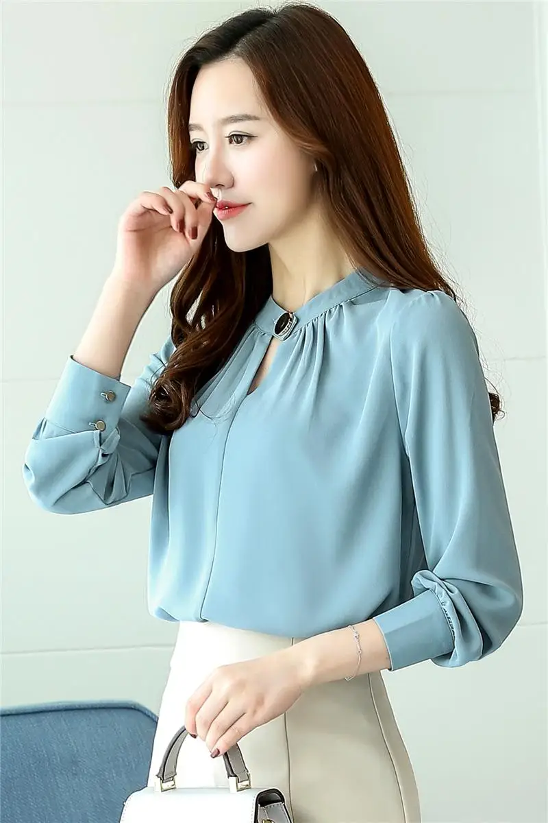 

Houthion New Women Blouse Fashion Blouses Casual Shirt Solid Color Simplicity Stand-up Collar Chiffon Top Loose Comfortable