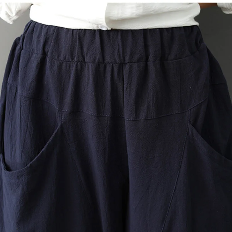 

Women Casual Pant Solid Color Vintage Cotton Linen Comfortable Elastic Waist Pockets Loose Office Lady Retro Clothing FC359