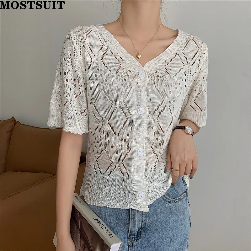

Hollow Thin Knitted Cardigan Tops Women Short Sleeve V-neck Single Breasted Knitwear Sweater Fashion Vintage Solid Jumpers