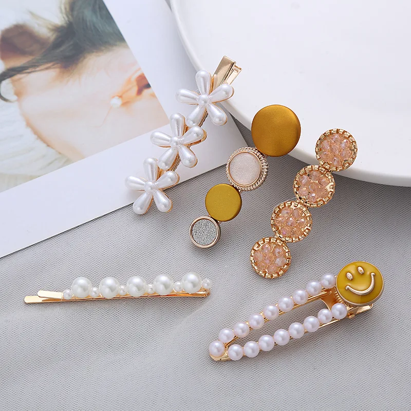 5-piece set of yellow smiley face set ins net red hairpin pearl hairpin headdress girl word clip side clip bangs clip