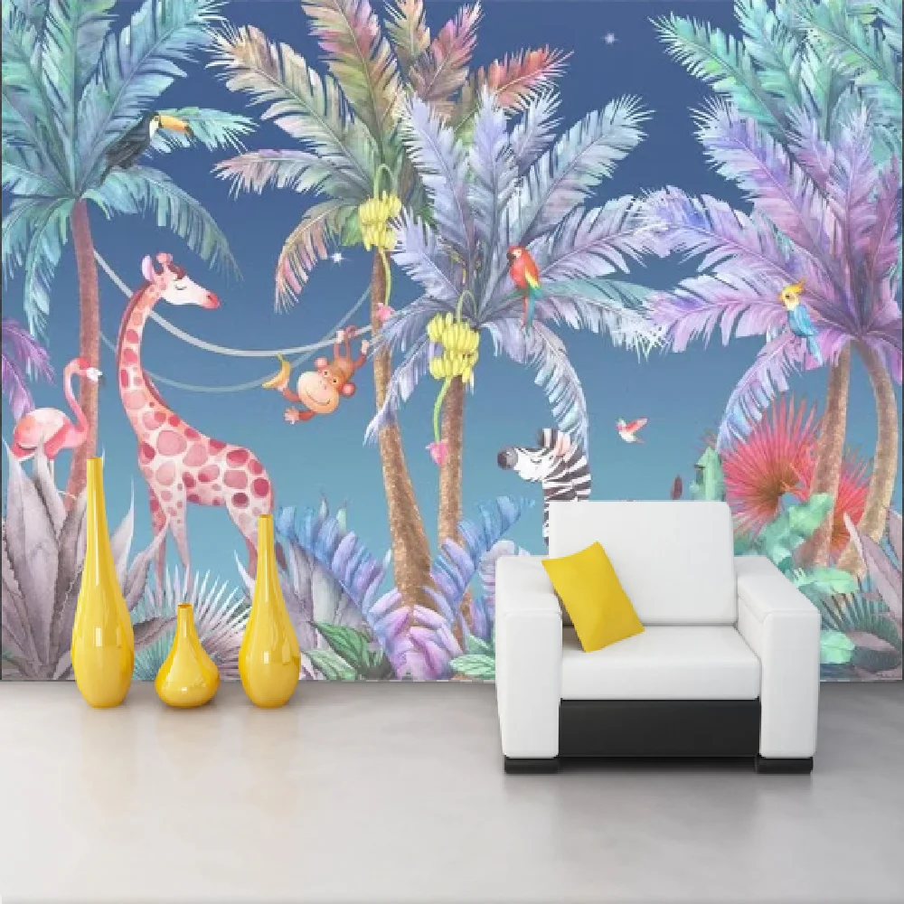 

Milofi customized large-scale 3D printing wallpaper mural tropical tree giraffe fire bird zebra animal children background wall