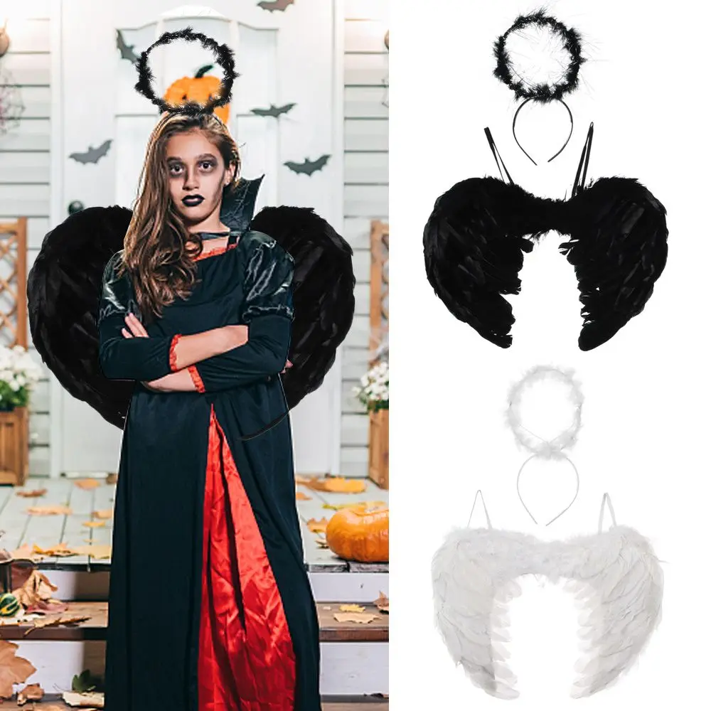 

Feather Angel Fairy Wings & Halo Halloween Fancy Dress Christmas Black White